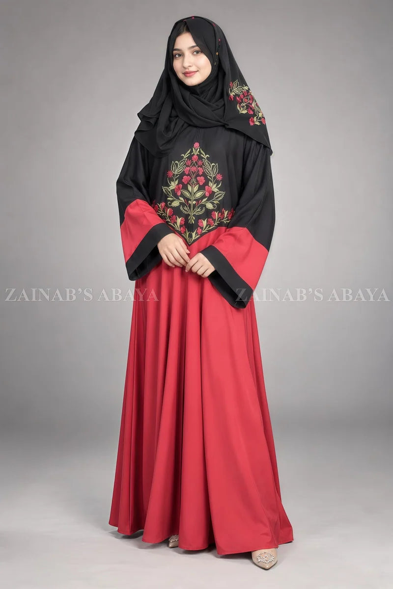 Red and Black Maxi Abaya with Floral Embroidery OL-1103 full product view | Zainab Designer Abaya