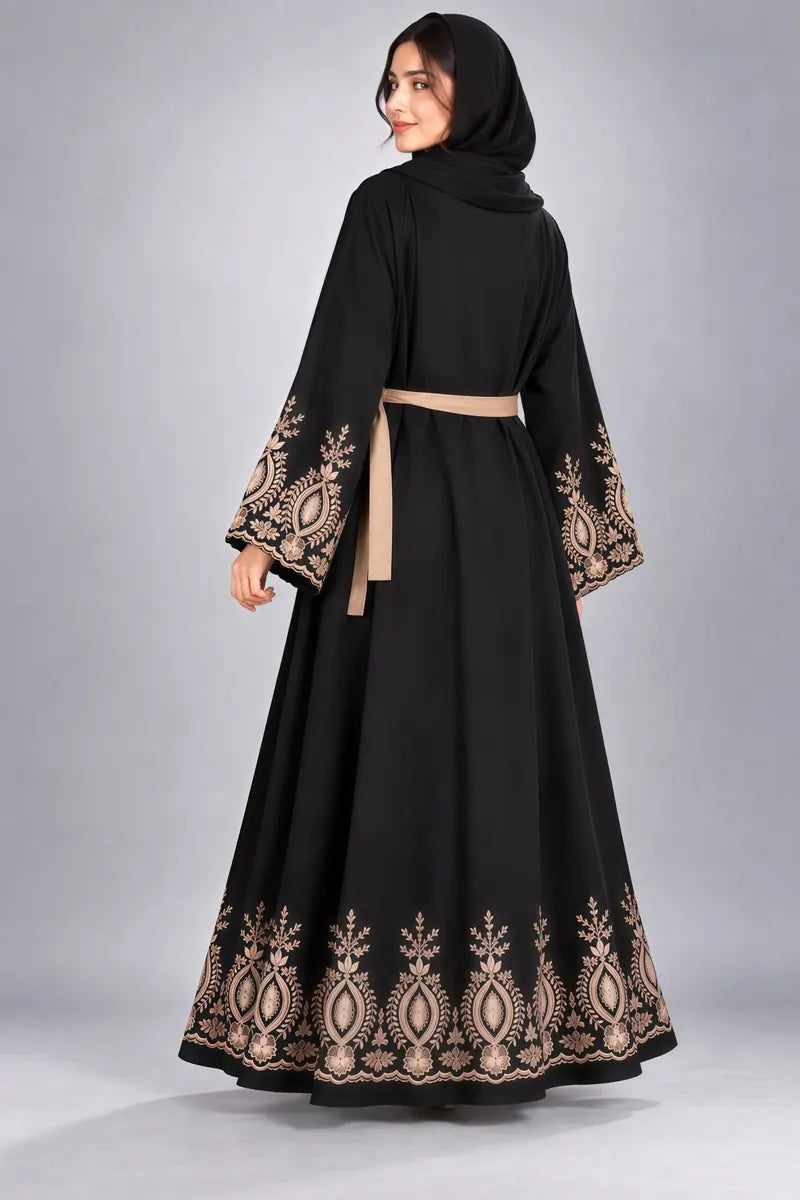 Nida Double Front Open Gown Abaya With Embroidery – 0857 Black product view 1 | Zainab Designer Abaya