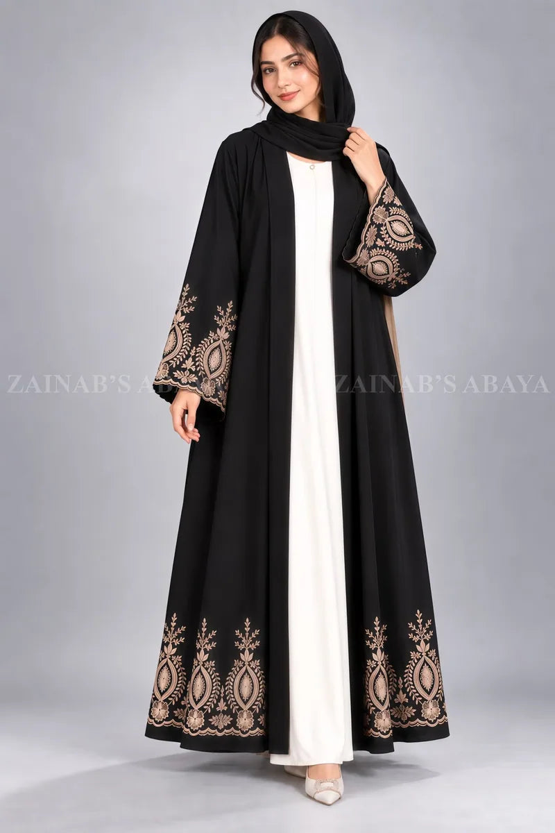 Nida Double Front Open Gown Abaya With Embroidery – 0857 Black product view 3 | Zainab Designer Abaya