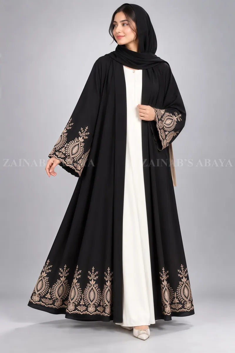 Nida Double Front Open Gown Abaya With Embroidery – 0857 Black product view 4 | Zainab Designer Abaya