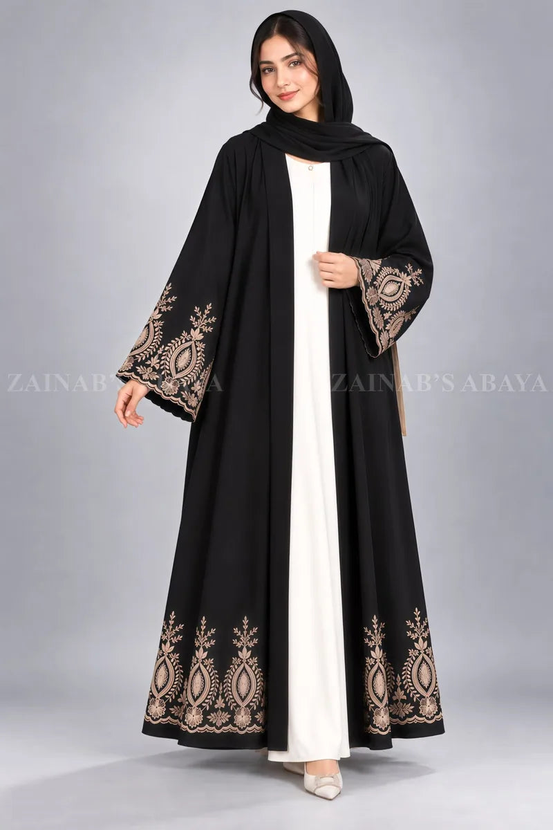 Nida Double Front Open Gown Abaya With Embroidery – 0857 Black product view 5 | Zainab Designer Abaya