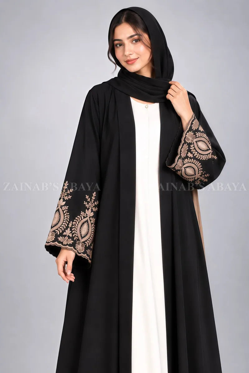 Nida Double Front Open Gown Abaya With Embroidery – 0857 Black product view 6 | Zainab Designer Abaya