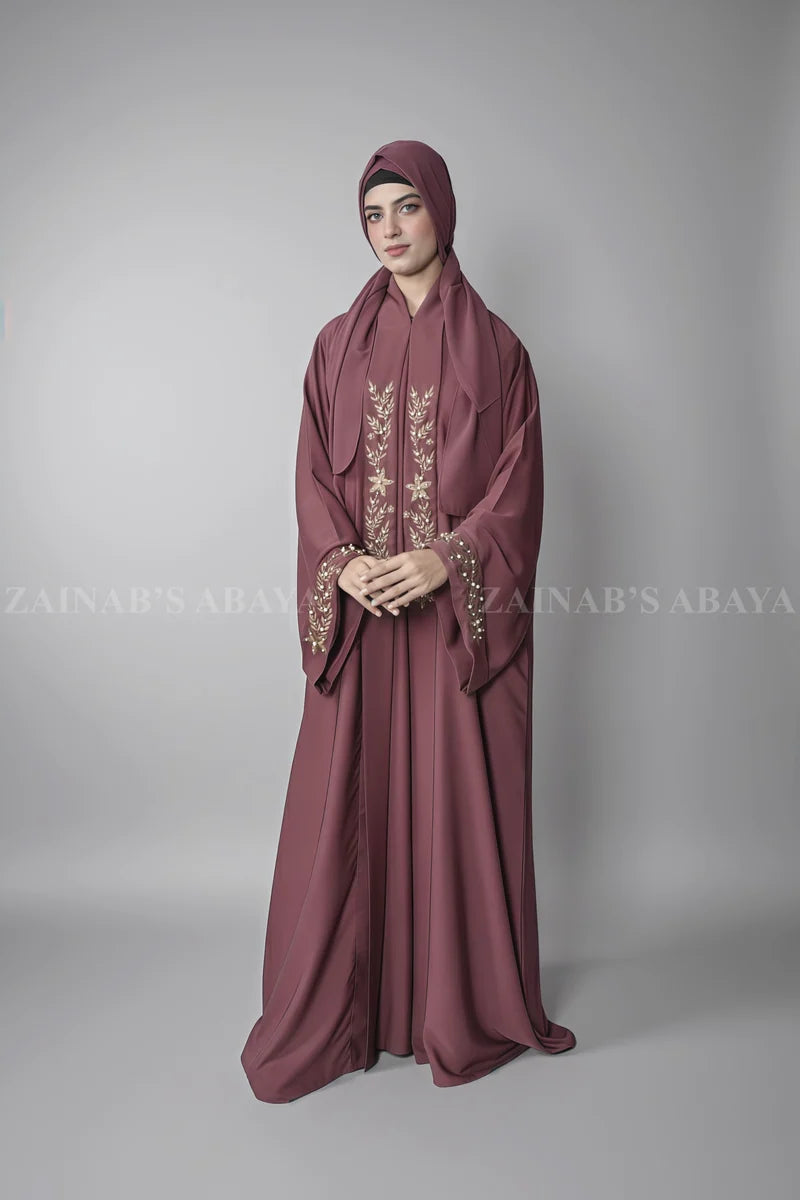 Double Front Open Gown Abaya with Embroidery and Pearl Work OL-1110 full product view | Zainab Designer Abaya