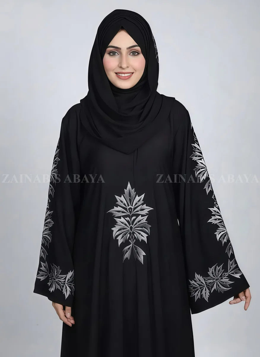 Black Umbrella Abaya with Turkish Embroidery OL-0908 full product view | Zainab Designer Abaya