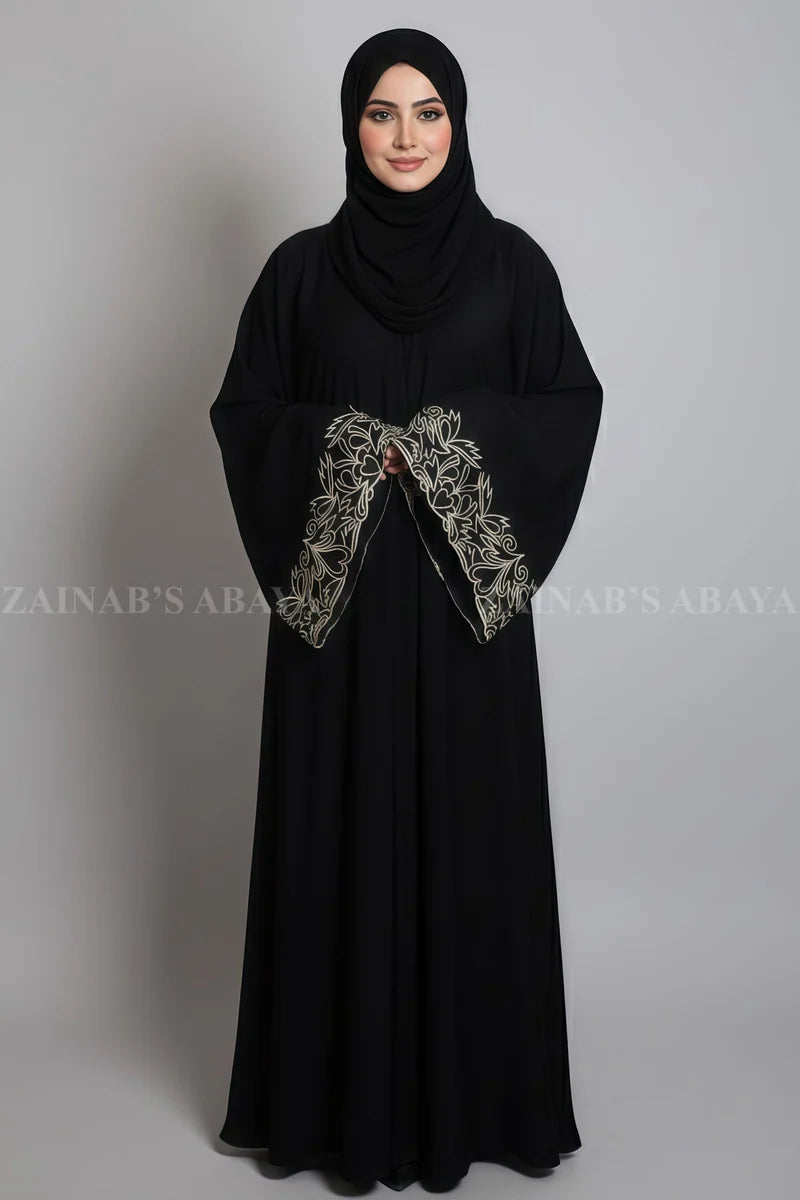 Black Umbrella Abaya with Arabic Style Outline Embroidery OL-0912 additional product view 4 | Zainab Designer Abaya