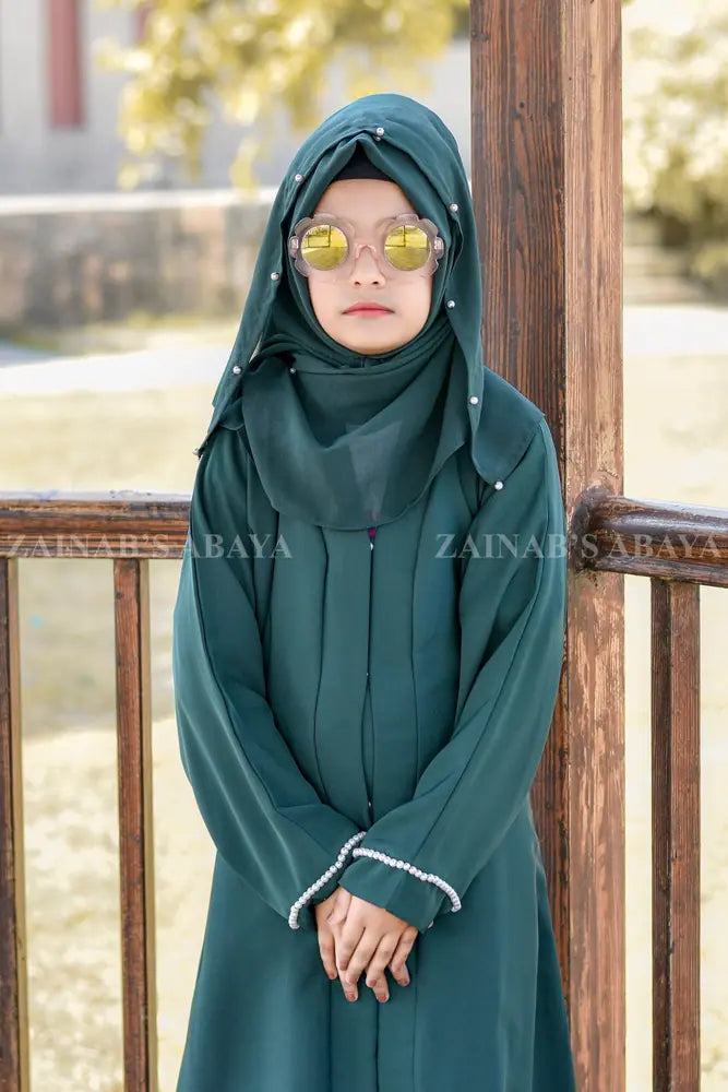 Front Open Abaya for Kids with Pear Work on Sleeves J-110 – Green – product view 1 | Zainab Designer Abaya