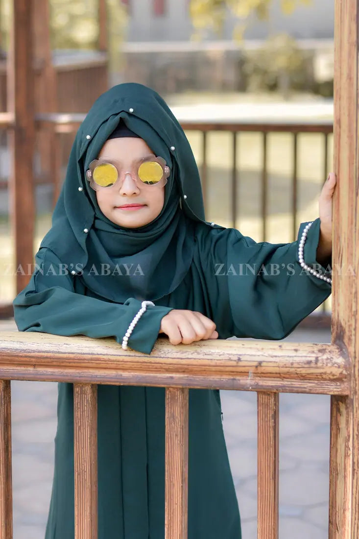 Front Open Abaya for Kids with Pear Work on Sleeves J-110 – Green – product view 2 | Zainab Designer Abaya
