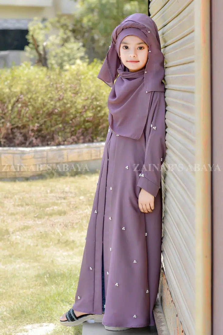 Kasni Front Open Abaya for Kids in Pearl Work J-113 – Kasni – product view 4 | Zainab Designer Abaya