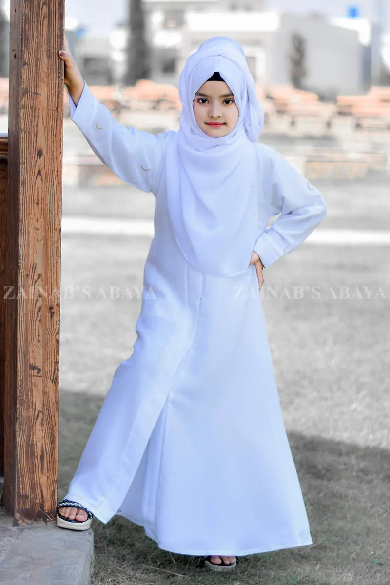 White Front Open Abaya for Kids with Embroidery J-116 – Off White – product view 1 | Zainab Designer Abaya