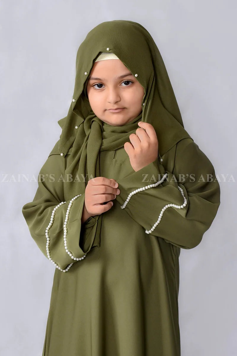 Maxi Abaya for Kids with Pearl Work on Sleeves J 118 – Olive Green – product view 2 | Zainab Designer Abaya
