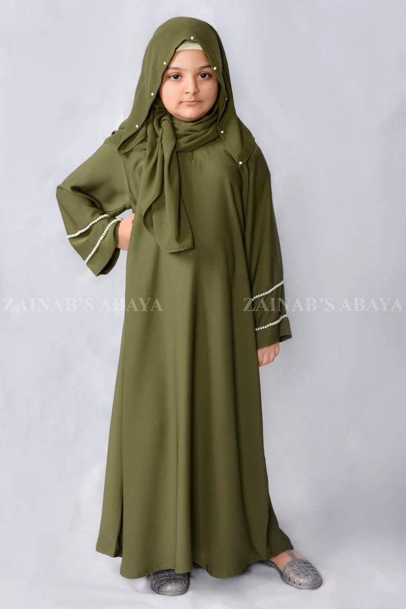 Maxi Abaya for Kids with Pearl Work on Sleeves J 118 – Olive Green – product view 6 | Zainab Designer Abaya