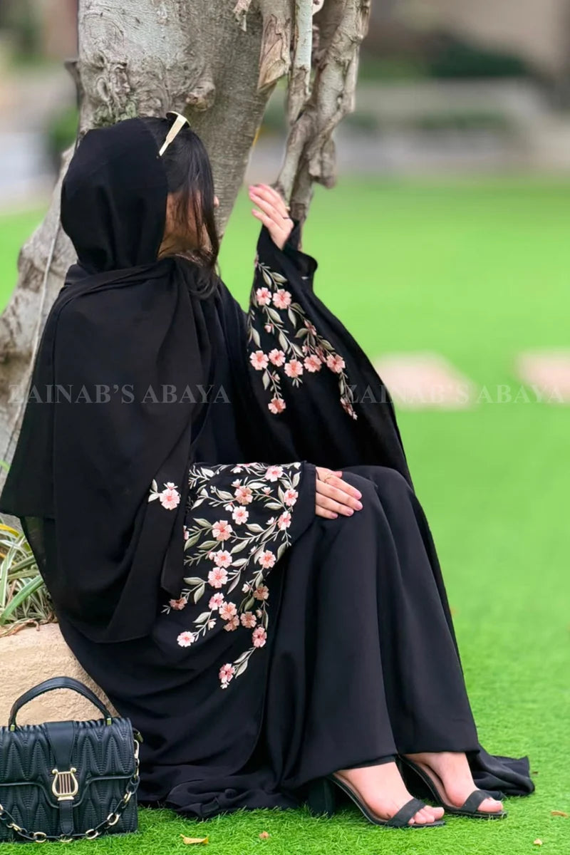 New Nida Butterfly Abaya Hand Made Machine Embroidery On Sleeves – 0443