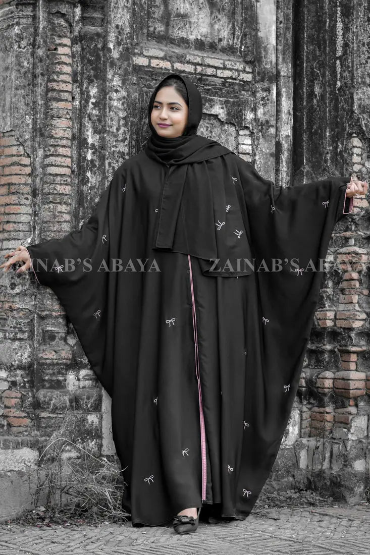 Black Kaftan Abaya with Bow Style Embroidery OL-1037 – OL-1037 – product view 2 | Zainab Designer Abaya