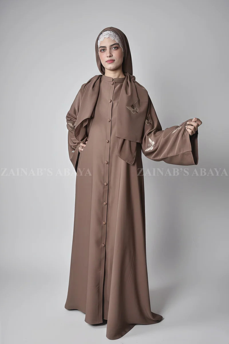 Nida Front Open Abaya with Butterfly Style Embroidery OL-1109 Light Brown product view 7 | Zainab Designer Abaya