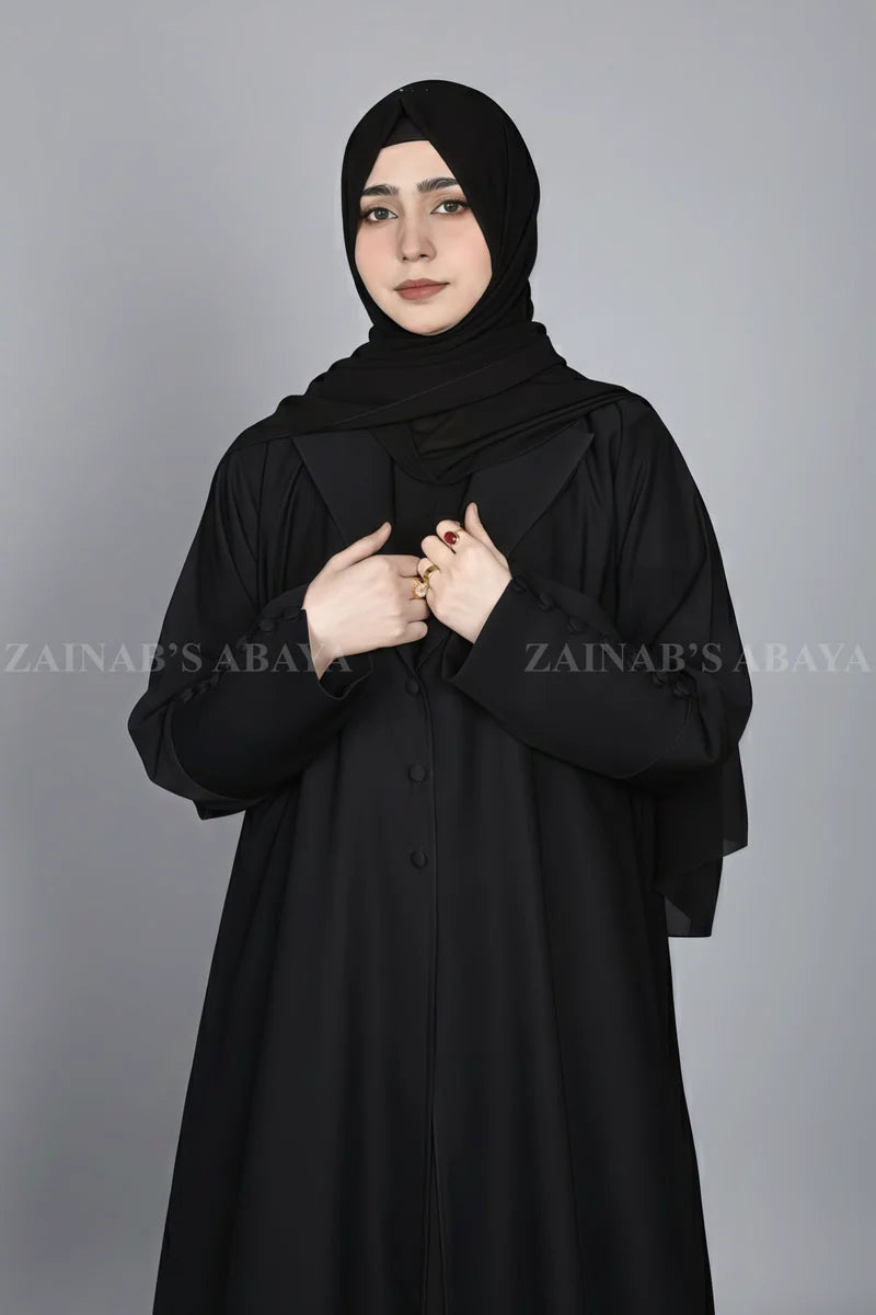 Black Coat Style Abaya with Button Style Sleeves OL-1122 – Black – front product view | Zainab Designer Abaya