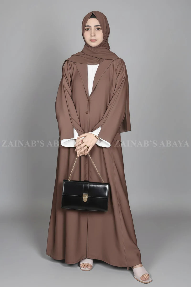 Coat Style Abaya for Women with Pocket Style on Front OL-1123 – Dark Brown – additional product view | Zainab Designer Abaya
