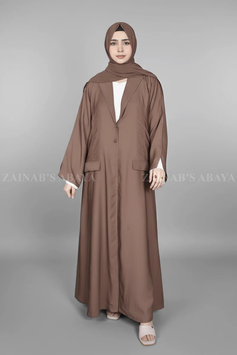 Coat Style Abaya for Women with Pocket Style on Front OL-1123 – Dark Brown – additional product view | Zainab Designer Abaya