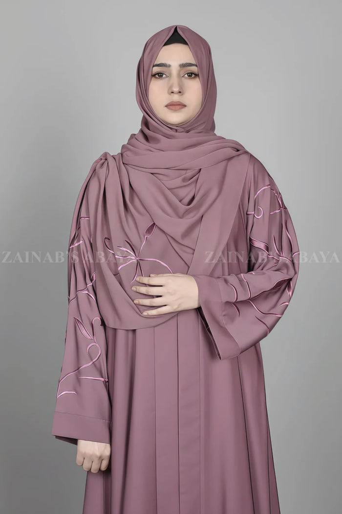 Nida Front Open Abaya with Stylish Embroidery on Sleeves OL-1146 Kasni product view 1 | Zainab Designer Abaya