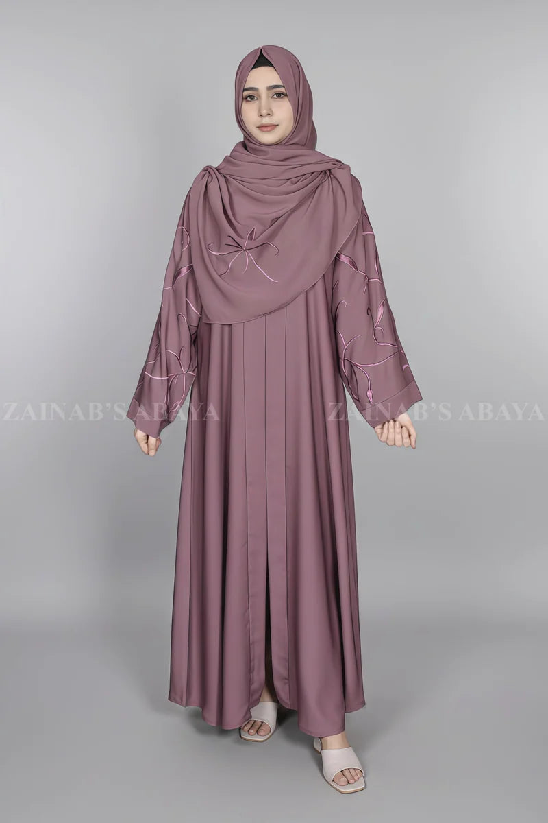 Nida Front Open Abaya with Stylish Embroidery on Sleeves OL-1146 Kasni product view 2 | Zainab Designer Abaya