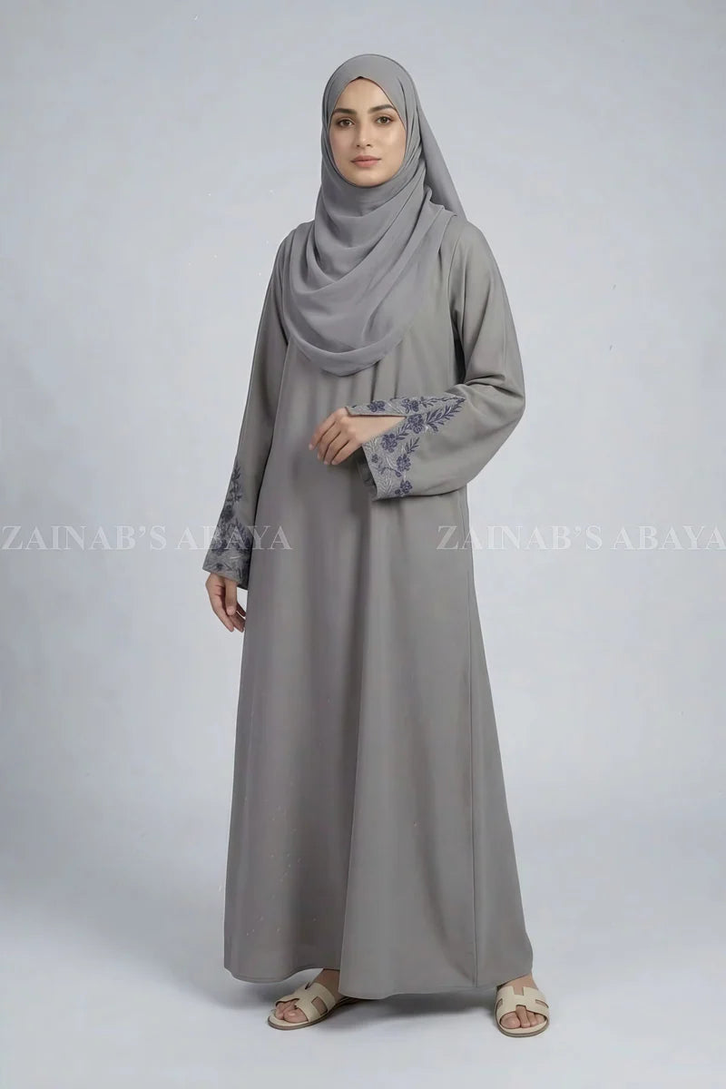 Nida Light Grey Embroidered Maxi Abaya OL-1150