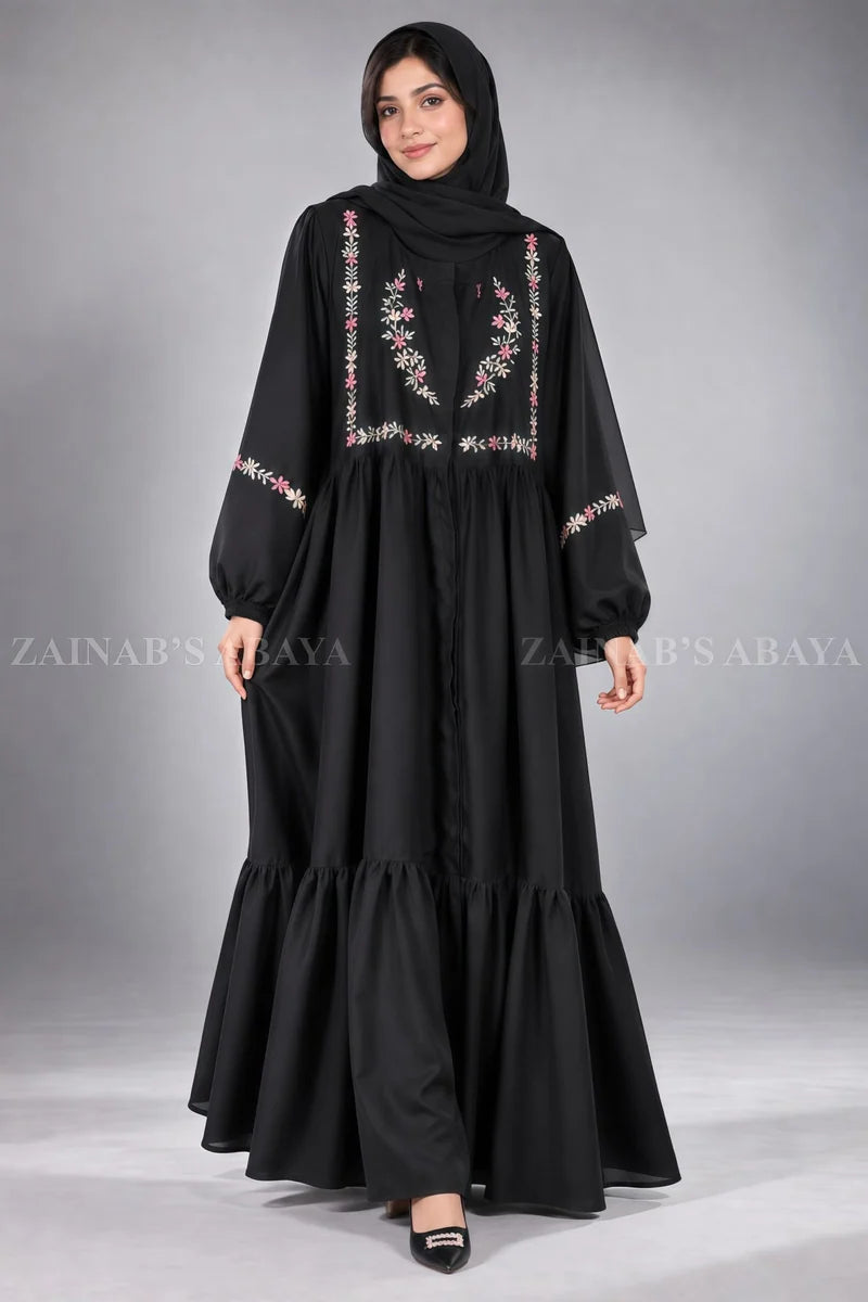 Black Front Open Abaya with Floral Embroidery Yoke OL- 1206 – product view 2 | Zainab Designer Abaya