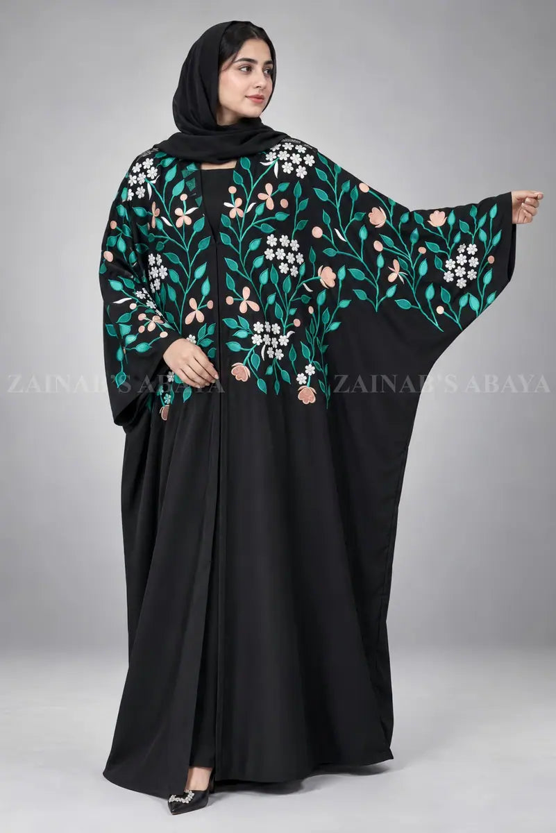 Black Caftan Abaya in Front Open Style with Floral Embroidery OL-1210 – OL-1210 – product view 1 | Zainab Designer Abaya