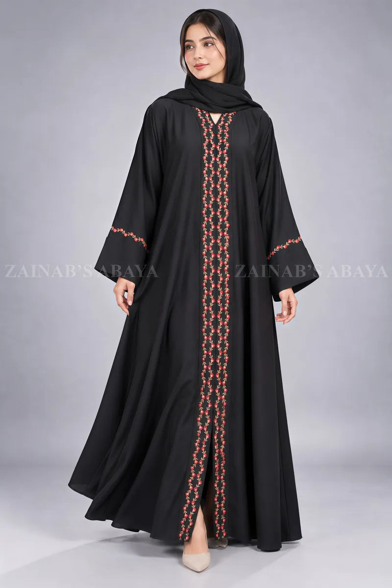 Black Front Open Abaya with Rosebud Embroidery OL-1211 – product view 1 | Zainab Designer Abaya