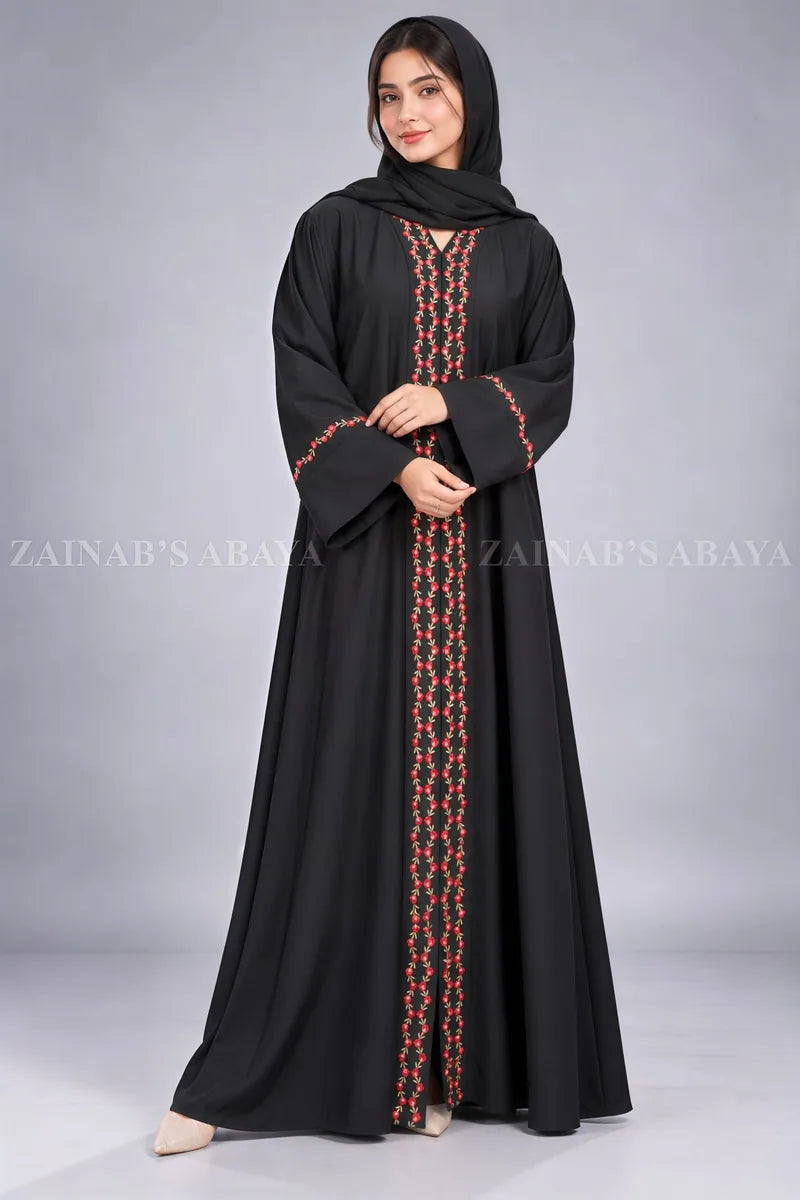 Black Front Open Abaya with Rosebud Embroidery OL-1211 – product view 2 | Zainab Designer Abaya