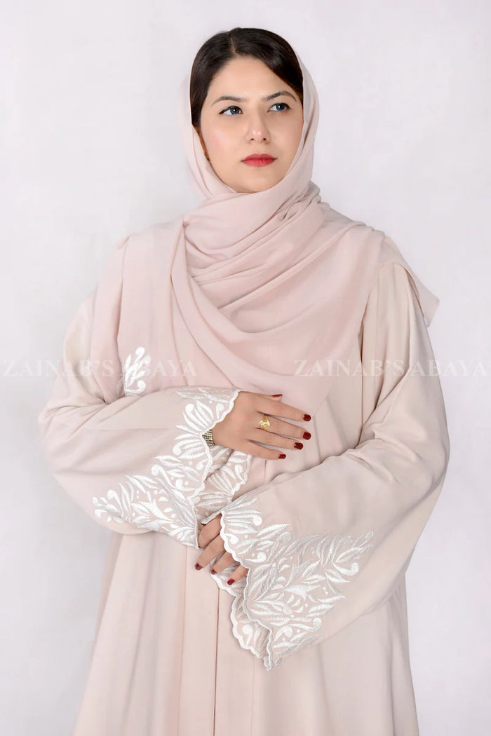 Front Open Abaya with Embroidery at Bottom OL-404 Peach product view 1 | Zainab Designer Abaya