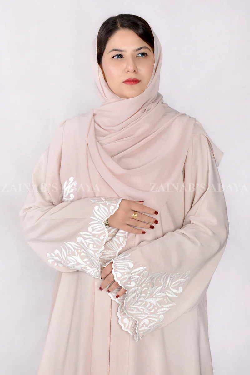 Front Open Abaya with Embroidery at Bottom OL-404 Peach product view 1 | Zainab Designer Abaya