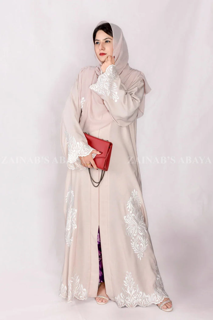 Front Open Abaya with Embroidery at Bottom OL-404 Peach product view 3 | Zainab Designer Abaya