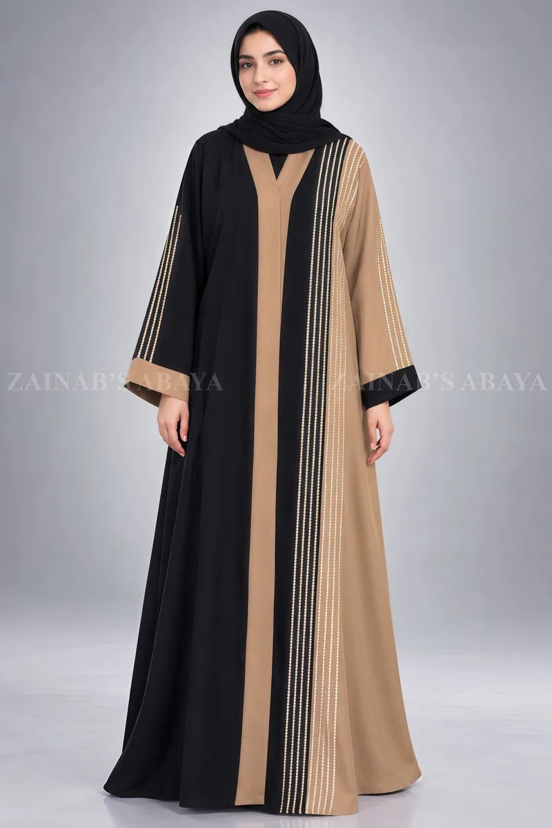 Black & Light Brown Dual-Tone Front Open Abaya OL-904 – product view 1 | Zainab Designer Abaya