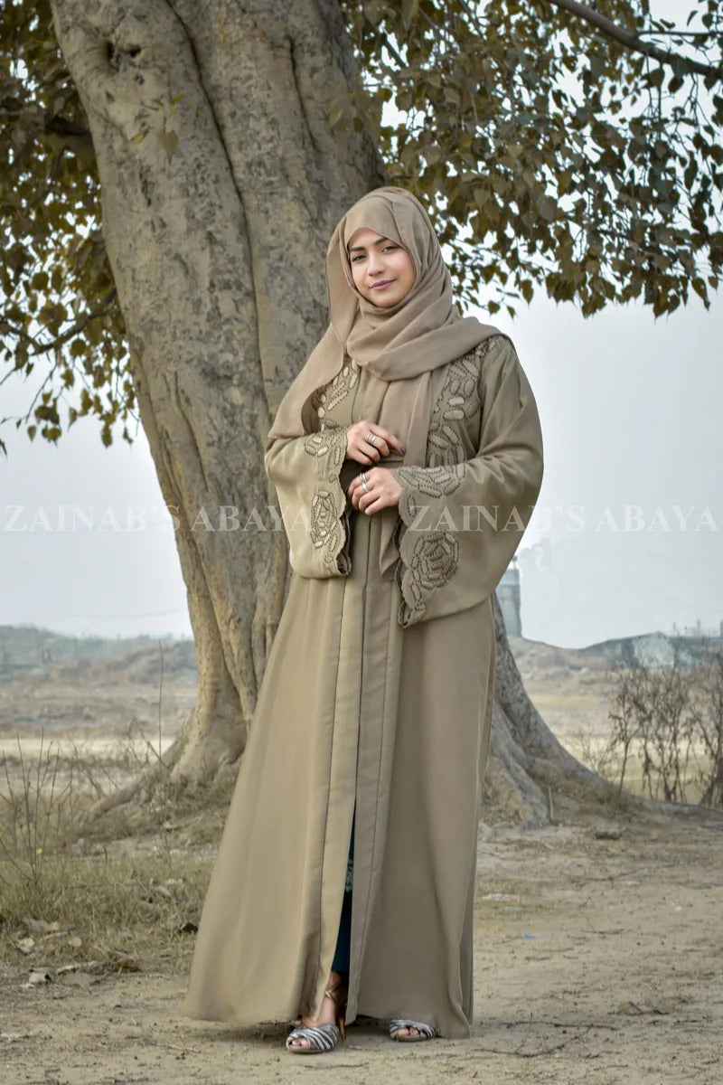 Nida Front Open Abaya with Embroidery On Front And Sleeves – 0113 Skin full product view | Zainab Designer Abaya