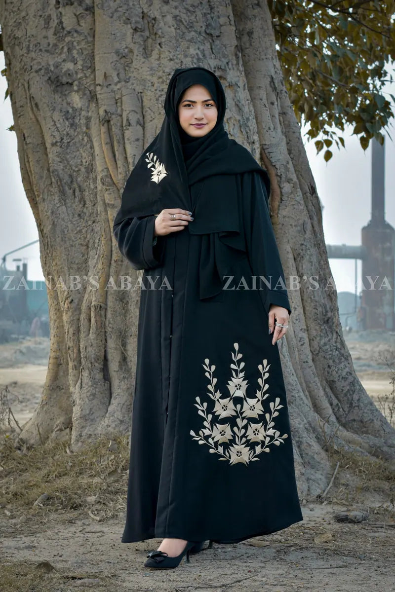 Nida Front Open Gown Abaya With Embroidery On Front And Bottom – 0145 Black full product view | Zainab Designer Abaya