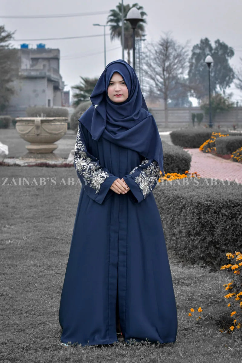 New Nida Color Front Open Gown Abaya, Tilla Handmade & Machine Embroidery On Back – 0222 Navy full product view | Zainab Designer Abaya