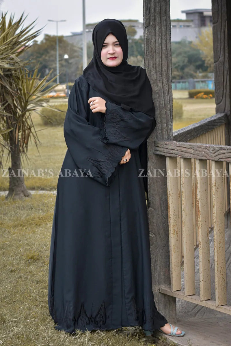New Nida Black Front Open Gown Abaya with Embroidery  – 0809 Black product view 1 | Zainab Designer Abaya