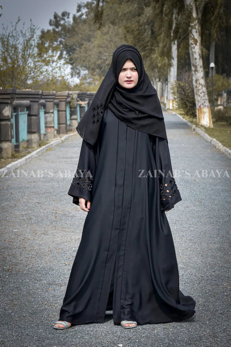 Nida Front Open Gown Abaya, Cut Work Embroidery On Sleeves – 0675 Black full product view | Zainab Designer Abaya
