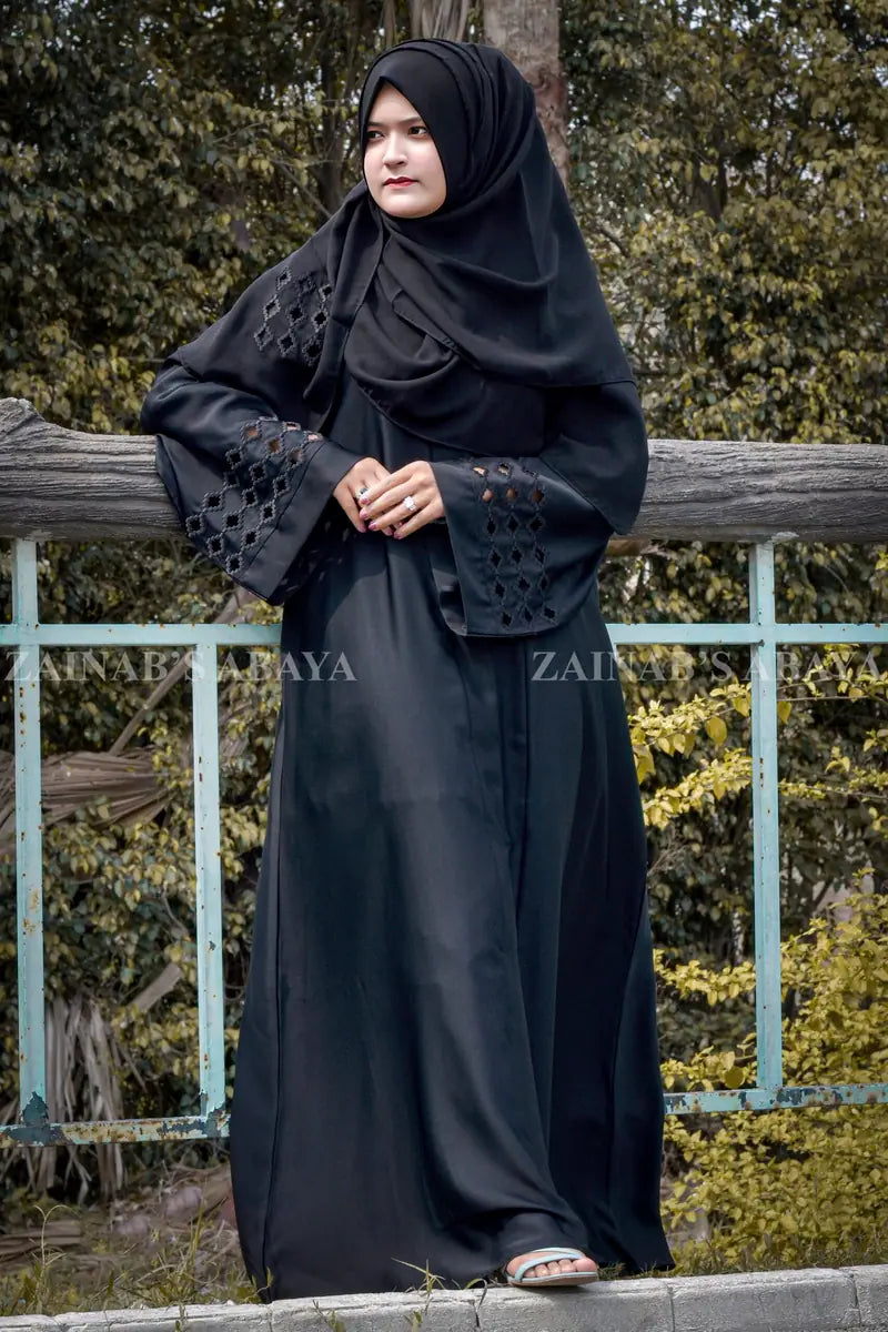 Nida Front Open Gown Abaya, Cut Work Embroidery On Sleeves – 0675 additional product view 2 | Zainab Designer Abaya