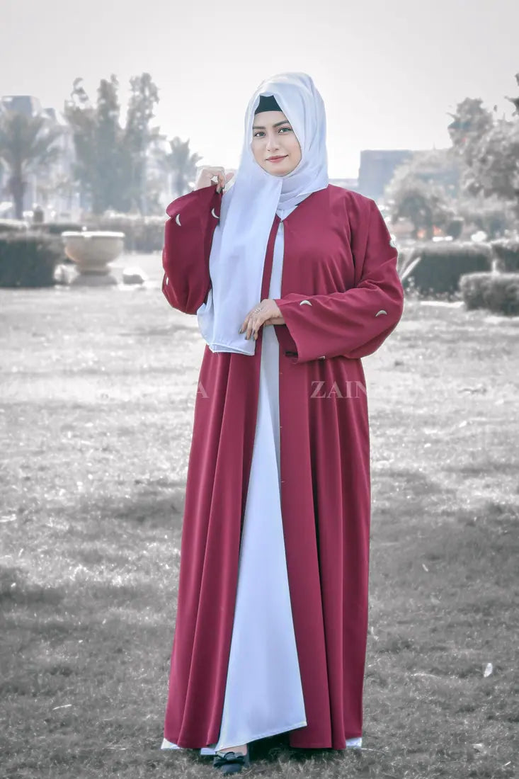 Double Gown Abaya with Moon Style Embroidery on Sleeves OL-1100 full product view | Zainab Designer Abaya