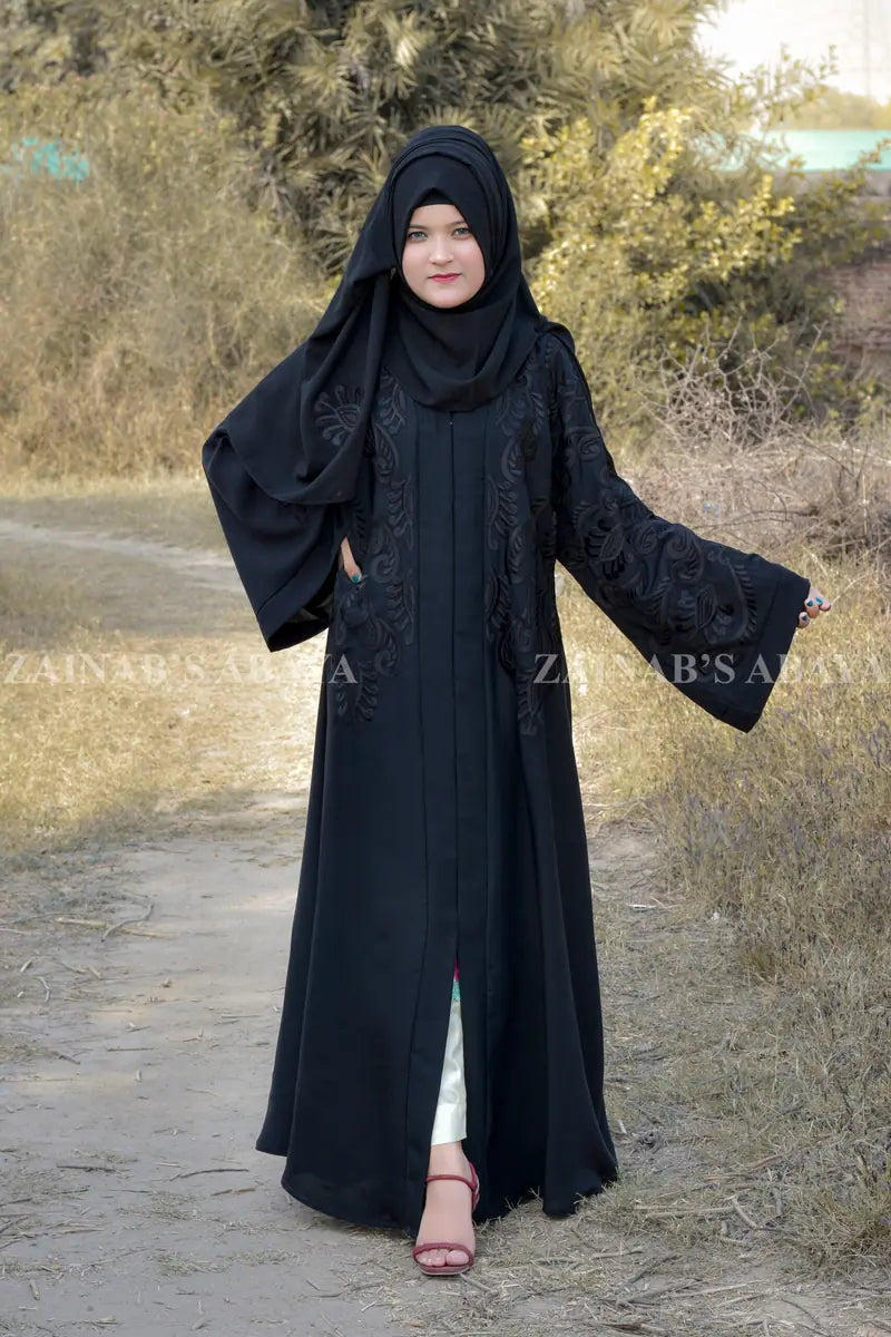 New Nida Black Front Open Gown Abaya with Embroidery On Sleeves & Front – 0808 Black product view 1 | Zainab Designer Abaya