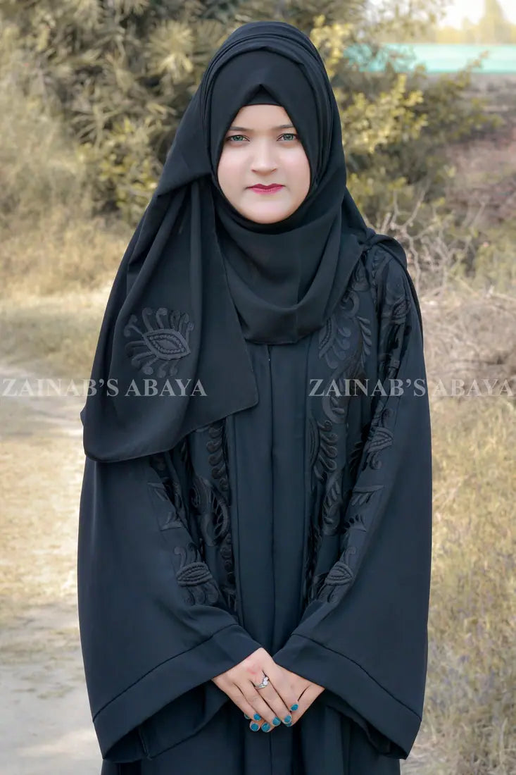 New Nida Black Front Open Gown Abaya with Embroidery On Sleeves & Front – 0808 Black product view 2 | Zainab Designer Abaya