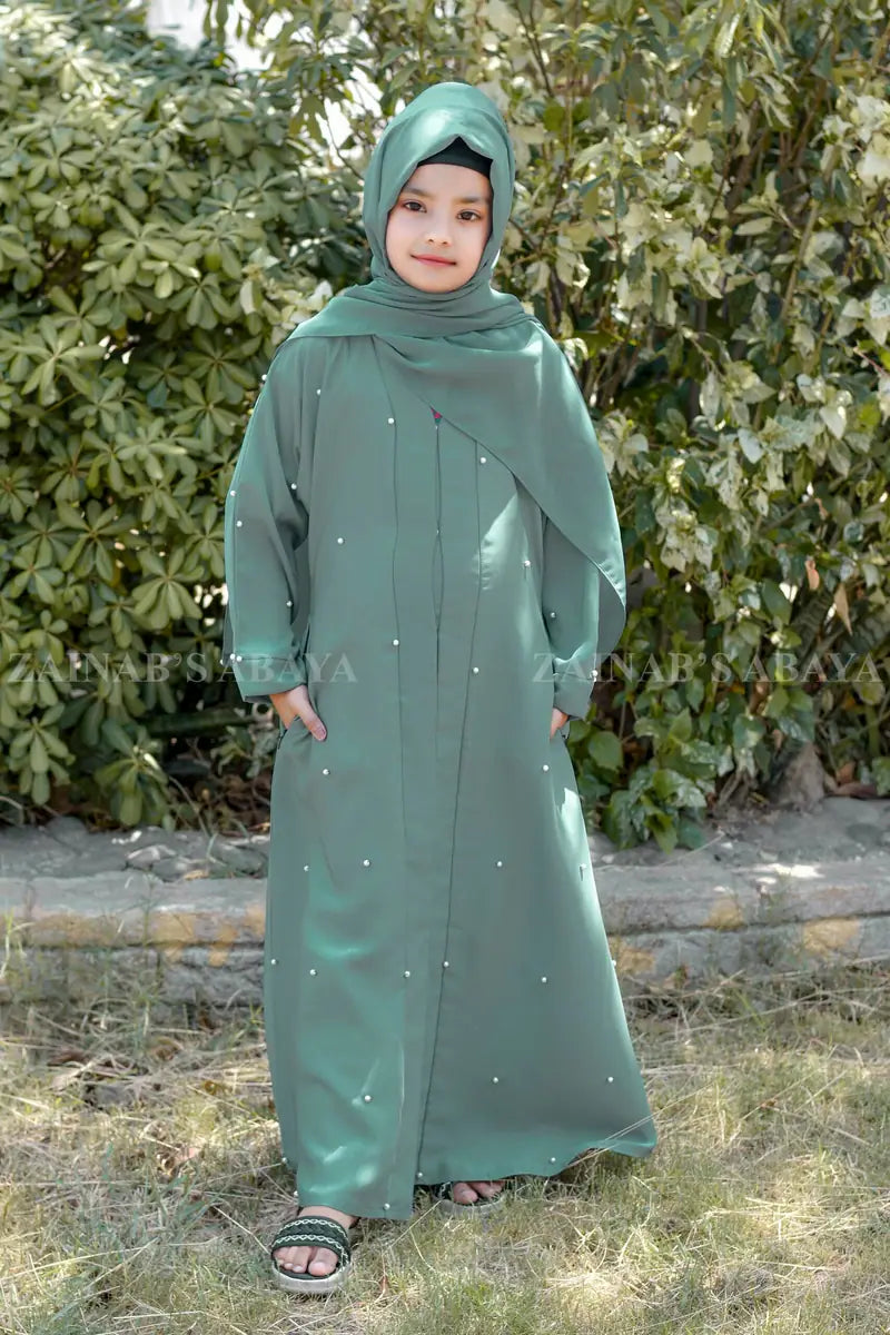 Grape Colored Front Open Abaya for Kids with Pearl Work J-112 – Grape – product view 1 | Zainab Designer Abaya