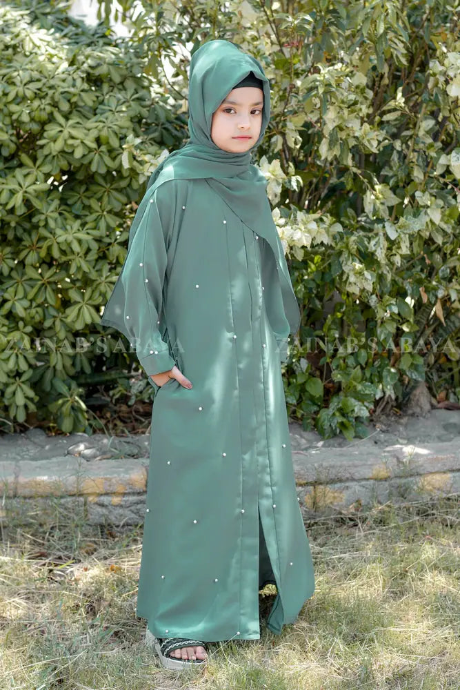 Grape Colored Front Open Abaya for Kids with Pearl Work J-112 – Grape – product view 2 | Zainab Designer Abaya
