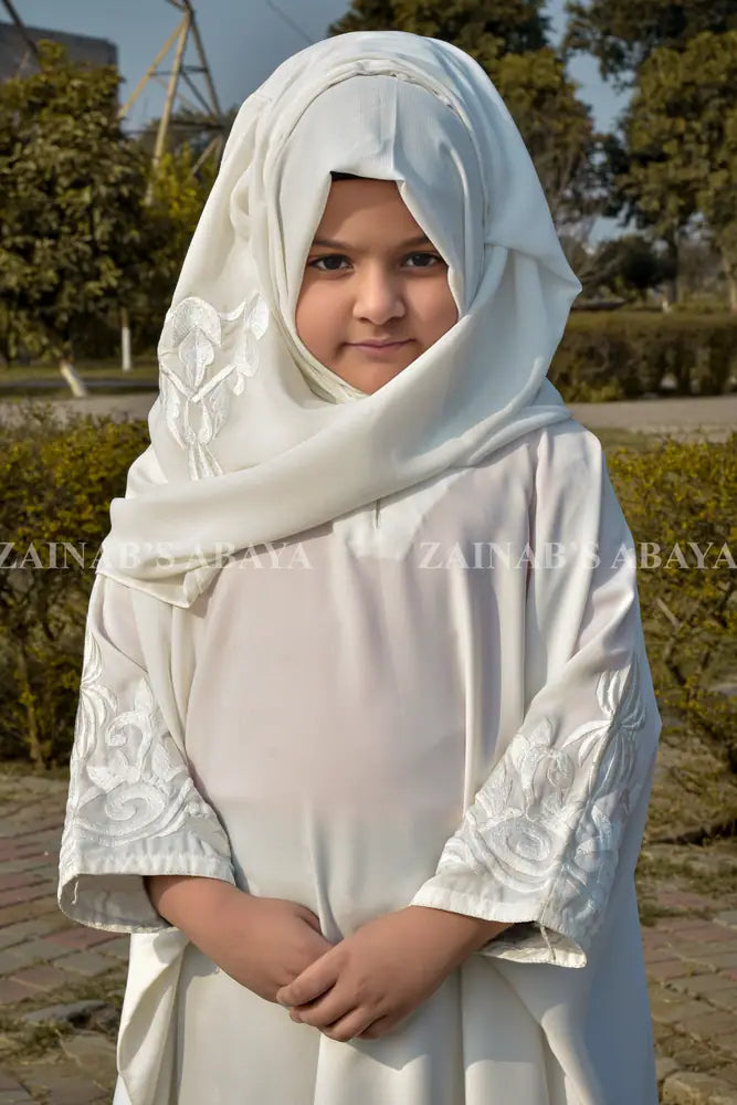 Embroided Kaftan Abaya for Girls OL-1029 – Off White – product view 1 | Zainab Designer Abaya