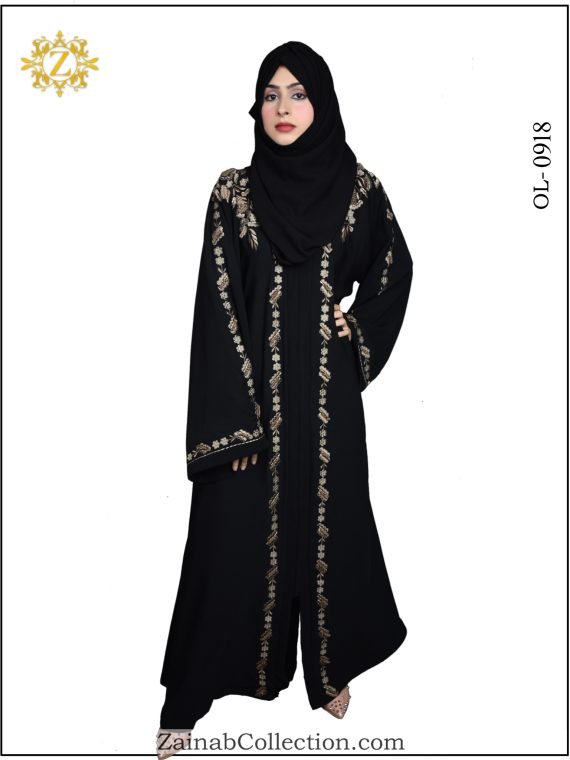 Nida Front Open Gown Abaya , Scroll Embroidery on Back ,front And Sleeves  - 0918