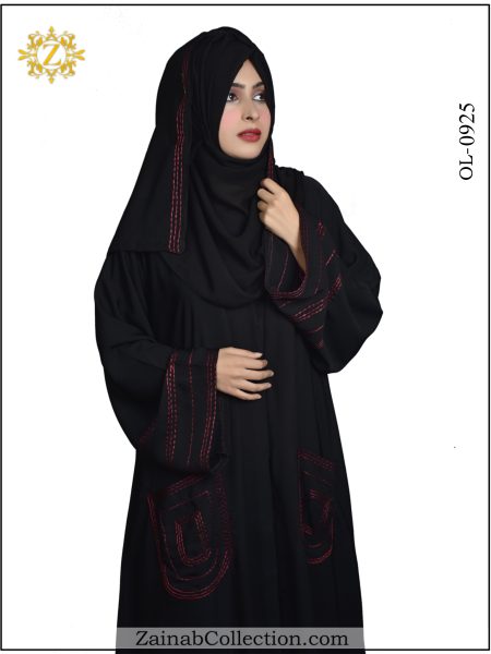 Nida Front Open Gown Abaya , Outline Embroidery on Pockets And Sleeves - 0925