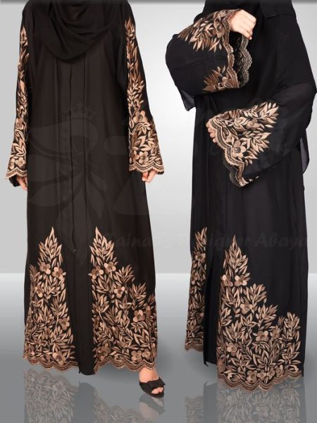 Front Open Abaya with Embroidery Work At Bottom & Sleeve On Nida Fabric – 0227