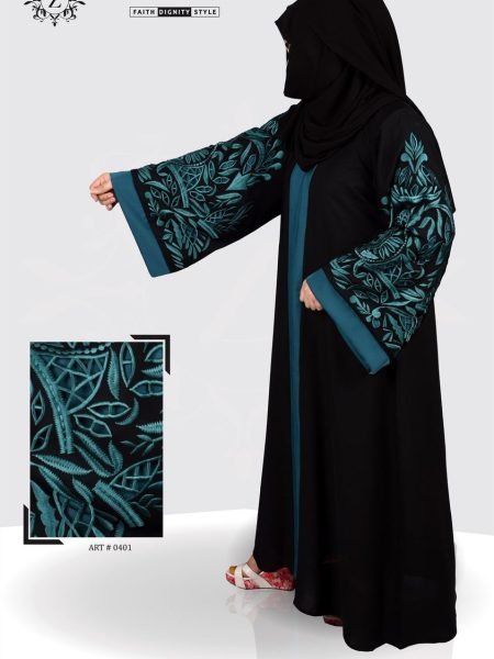 Nida Front Open Gown Abaya, Hand Made Machine Cut-Work Embroidery on Full Sleeves – 0401