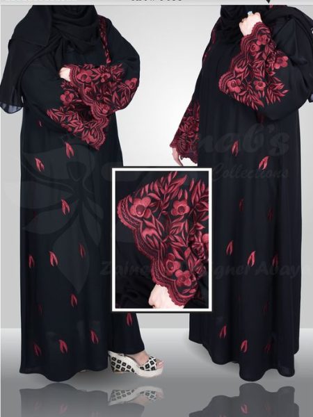 Nida Front Open Abaya Hand Made and Machine Embroidery on Front and Sleeves – 0466