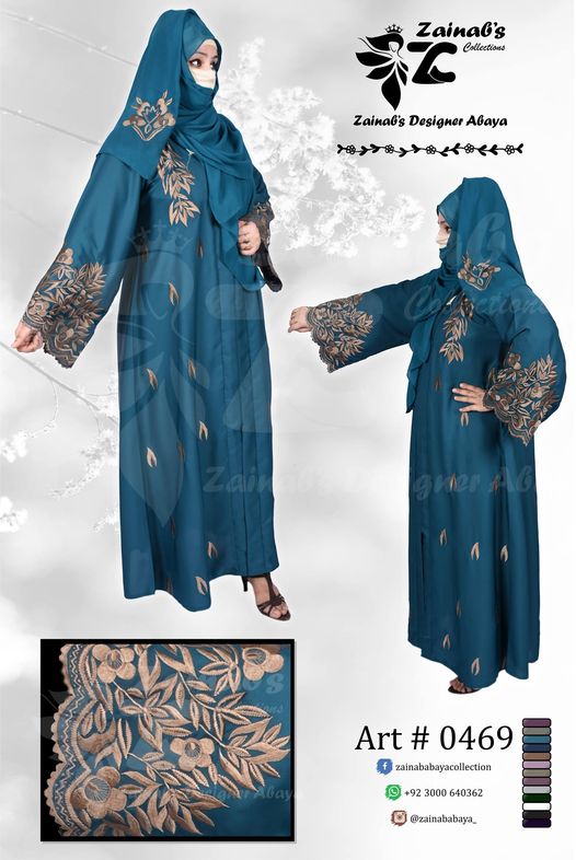 Nida Front Open Abaya Hand Made and Machine Embroidery on Front and Sleeves – 0469